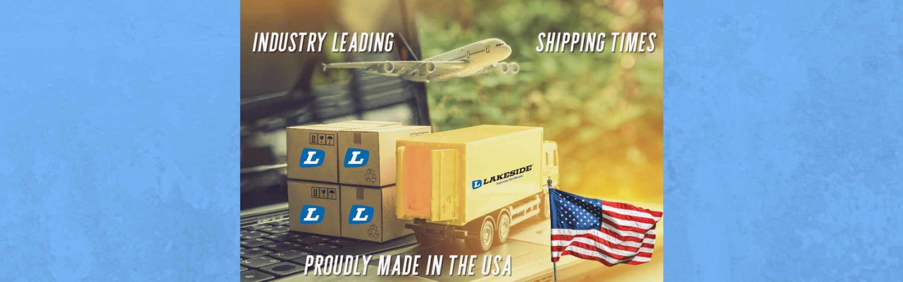shipping truck and boxes with description: Industry Leading Shipping Times, Proudly made in the USA