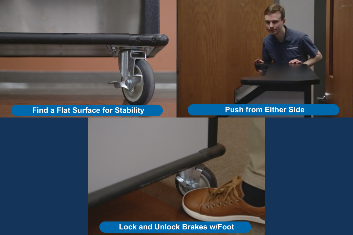 Find a Flat Surface for Stability Push from Either Side Lock and Unlock Brakes w/Foot