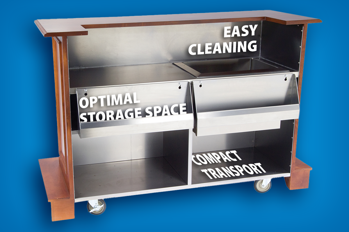 Interior of a Geneva portable bar. Easy cleaning. Optimal storage space. Compact transport.