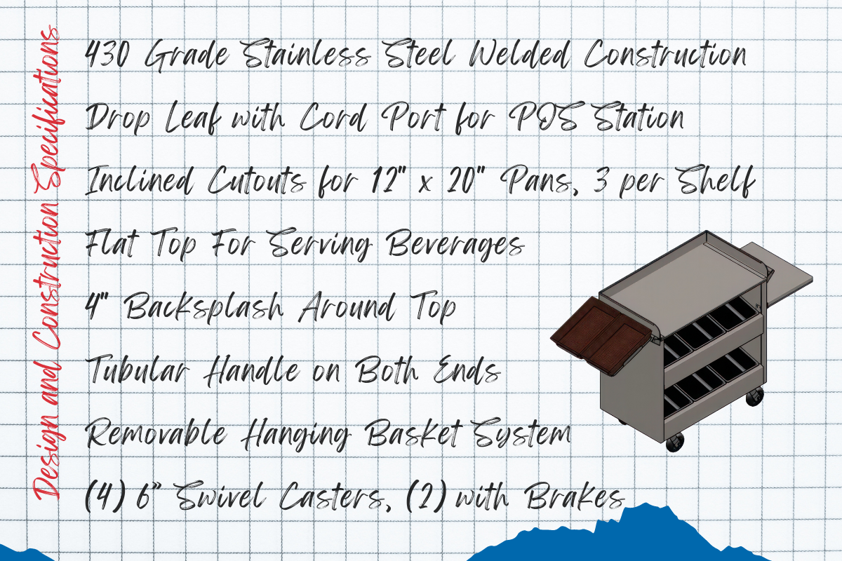 Design and Construction Specifications: 430 Grade Stainless Steel Welded Construction. Drop Leaf with Cord Port for POS Station. Inclined Cutouts for 12" x 20" Pans, 3 per Shelf. Flat Top For Serving Beverages. 4" Backsplash Around Top. Tubular Handle on Both Ends. Removable Hanging Basket System. (4) 6" Swivel Casters, (2) with Brakes. 