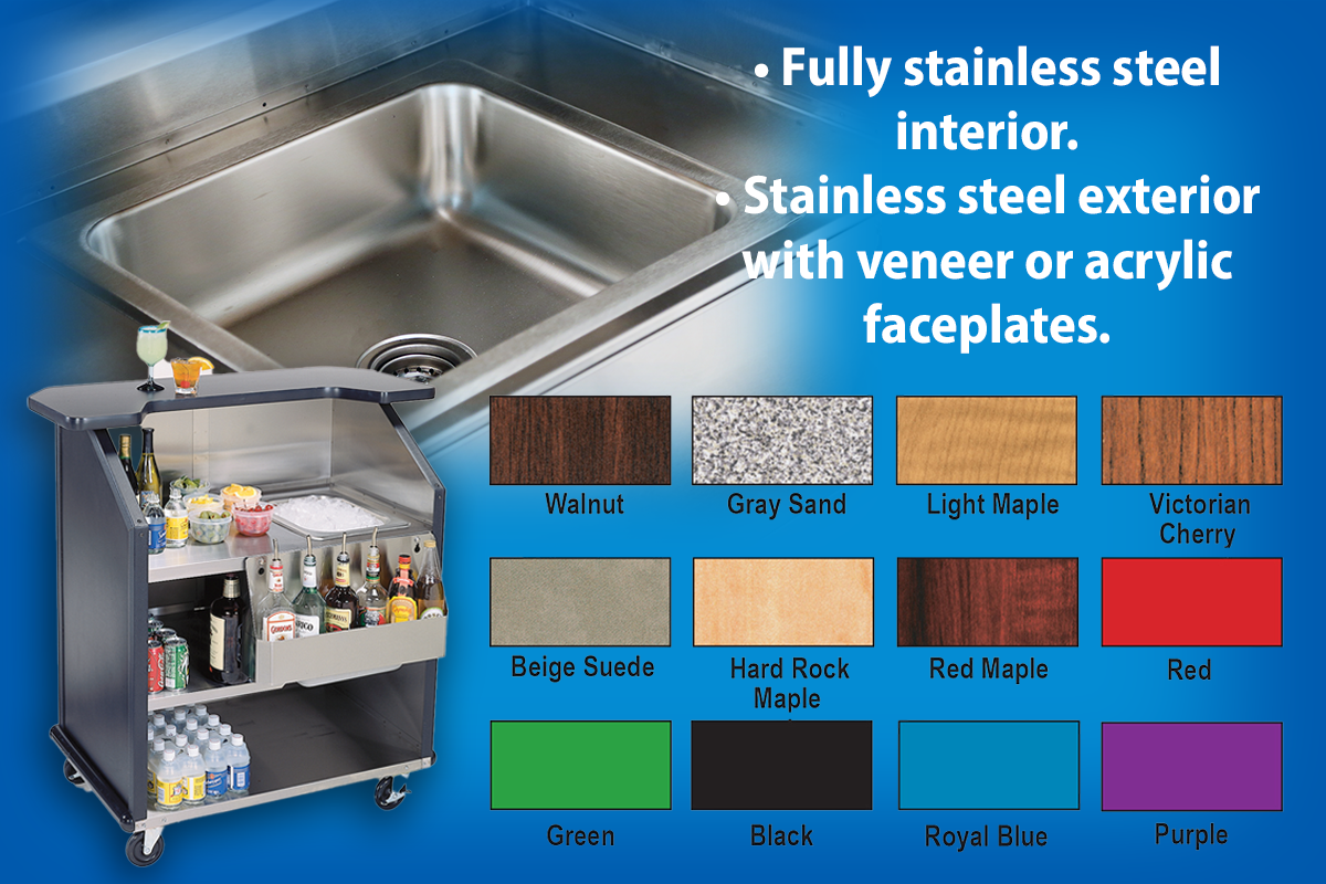 Fully stainless steel interior. Stainless steel exterior with veneer or acrylic faceplates. Offered in a variety of colors.