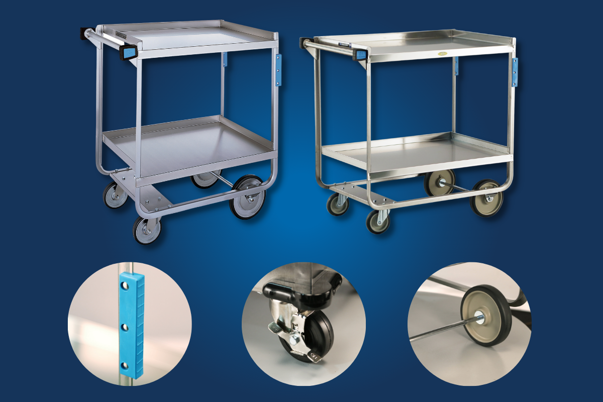 Two Lakeside Transport Utility Carts with close up pictures of bumpers and casters.