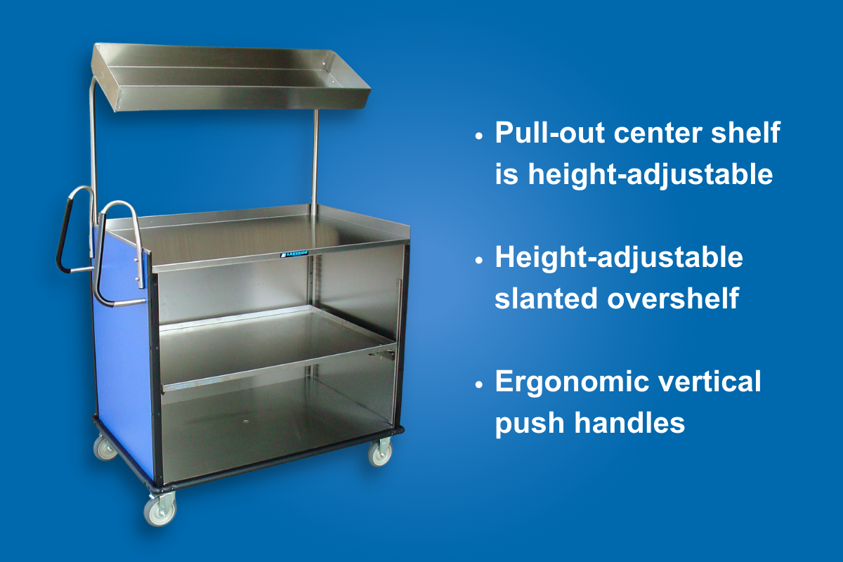 Image of Lakeside 660 Breakfast Cart that is perfect for Summer Foodservice Programs. Features include: Pull-out center shelf is height-adjustable Height-adjustable slanted overshelf Ergonomic vertical push handles