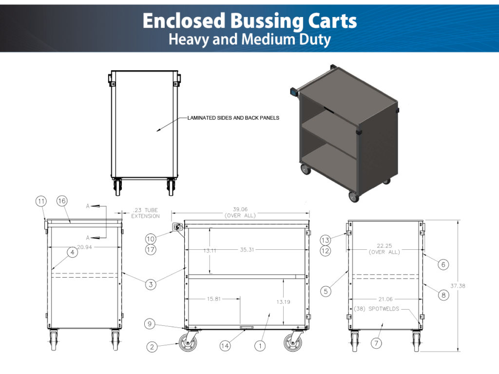 Specification sheet of a Lakeside enclosed bussing cart.