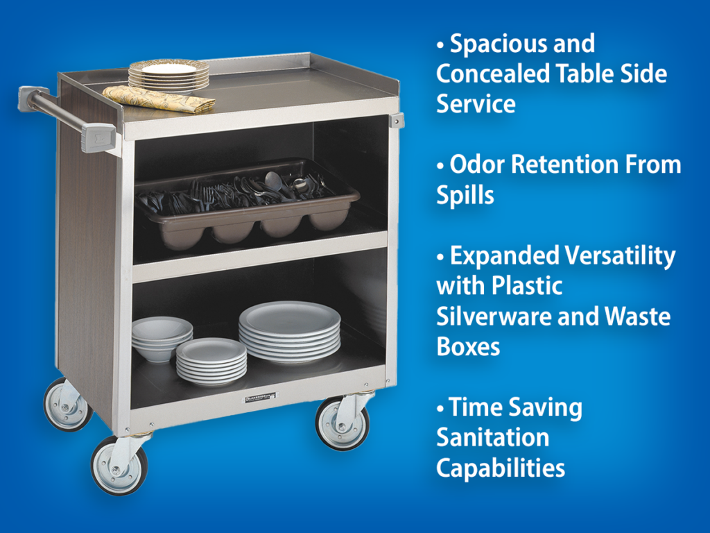 Spacious and concealed table side service. Odor retention from spills. Expanded versatility with plastic silverware and waste boxes. Time saving sanitation capabilities. 