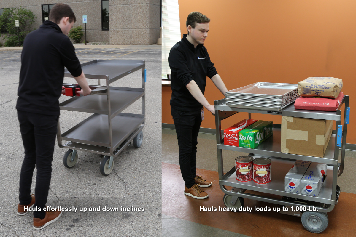 Left: Hauls effortlessly up and down inclines. Right: Hauls heavy duty loads up to 1,000-Lb.