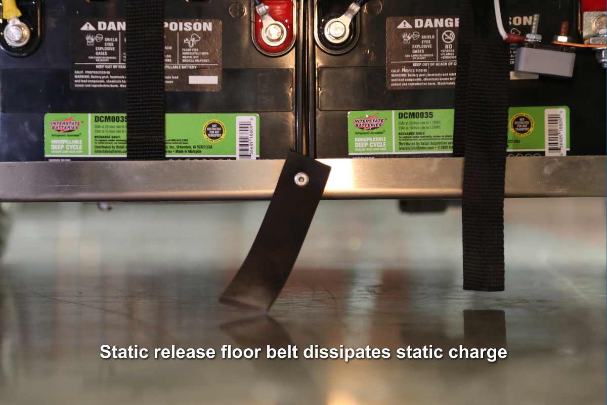 Static release floor belt dissipates static charge