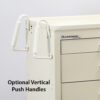 Close up of white 4-drawer medical cart with white ergonomic handles. Image on white background. Text says "Optional Vertical Push Handles"