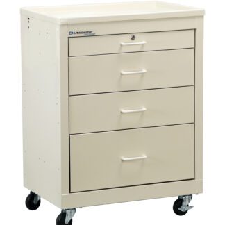 Image with white background of white four draw medical cart on wheels.